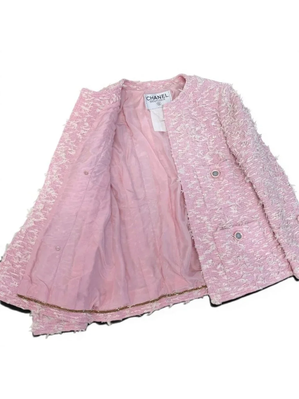 Chanel Boutique Fancy Tweed Jacket Pockets CC Logo Mirror Button Pink